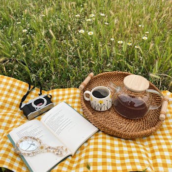 A charming spring picnic scene with a teapot, book, and flowers on a checkered cloth in a field.