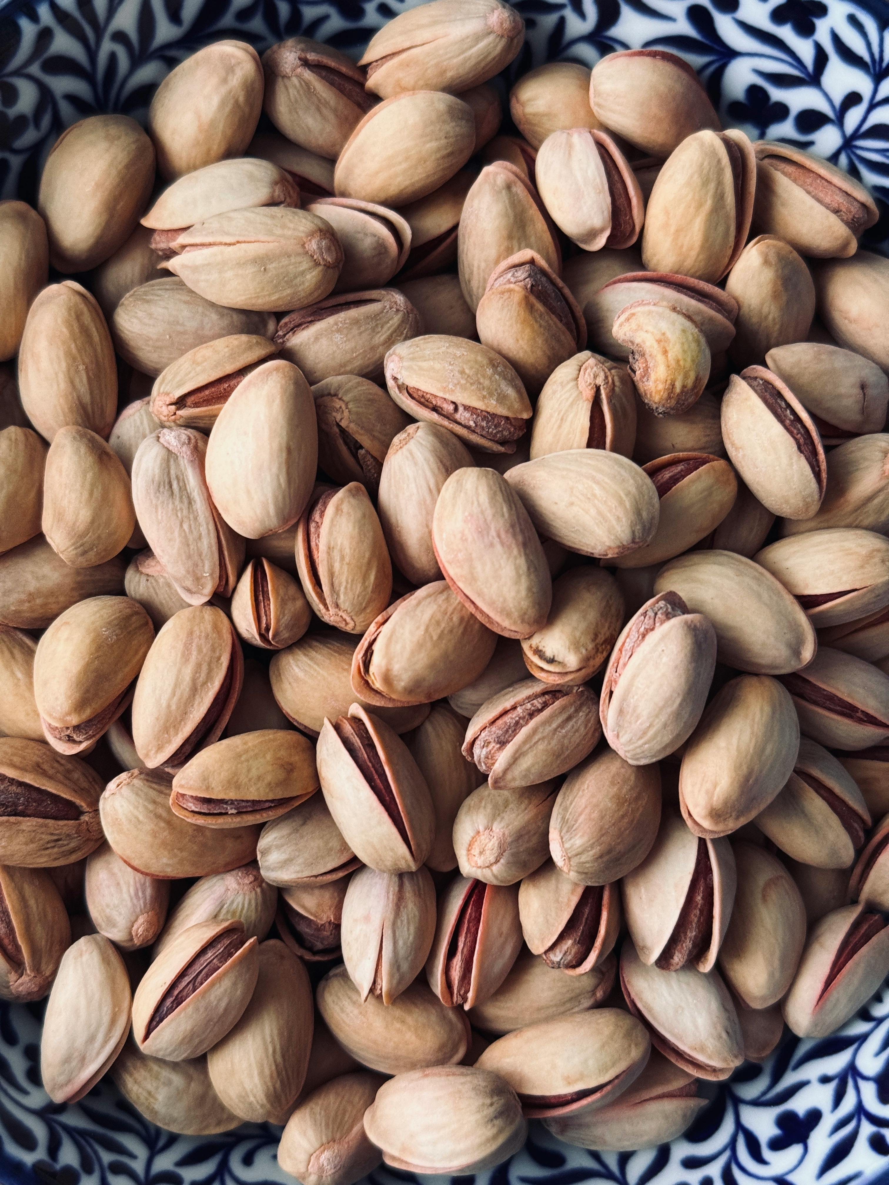 A detailed view of unshelled pistachios in a patterned bowl, highlighting texture and natural color.