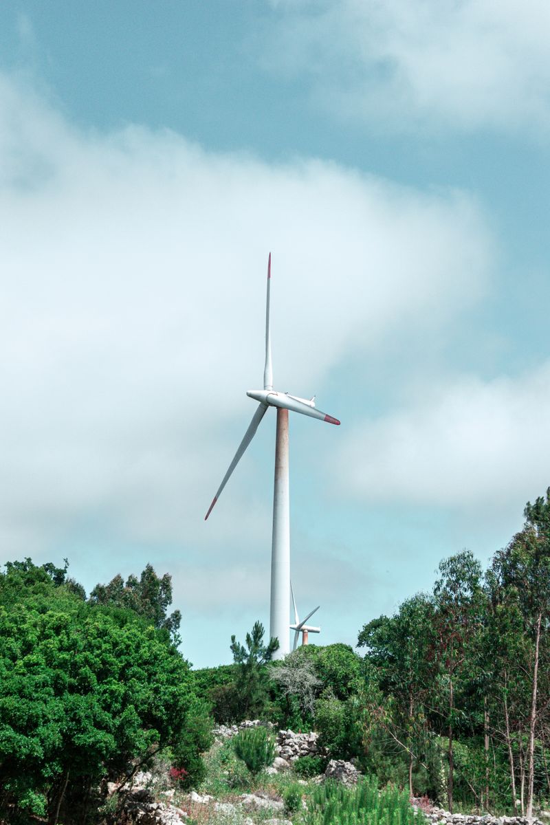 A towering wind turbine stands amidst lush greenery under a cloudy blue sky.