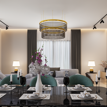 Stylish dining room interior featuring a modern chandelier and luxury table setting.