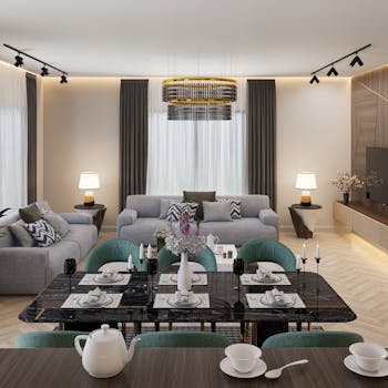 Contemporary open plan living room with sleek furniture and a dining area, showcasing stylish interior design.