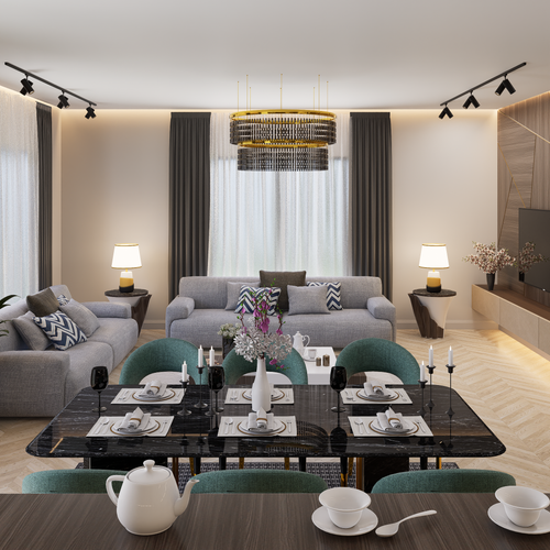 Free Contemporary open plan living room with sleek furniture and a dining area, showcasing stylish interior design. Stock Photo