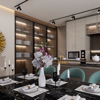 Sleek contemporary dining area with modern furniture and chic table setting.