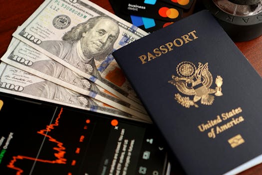 Close-up of US currency, passport, and financial tools for travel and budgeting.