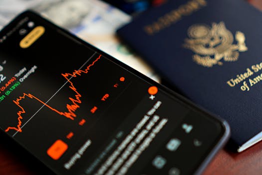Close-up of a smartphone displaying stock data next to a US passport, suggesting travel and finance themes.