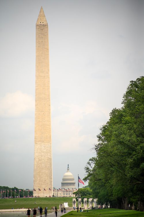 Free Scenic shot of Washington Monument with US Capitol and flags, taken from National Mall area. Stock Photo