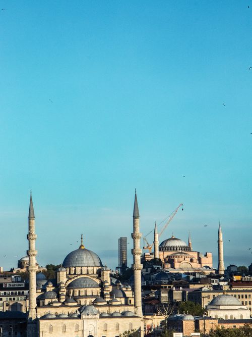 Free Stunning view of Istanbul's historic skyline with famous mosques under a clear blue sky. Stock Photo