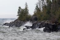 Rugged waves crash against the rocky coastline of a serene lake, surrounded by dense evergreen forest.
