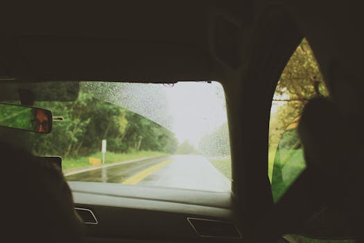 A rainy day road view through a car window with raindrops and green scenery.