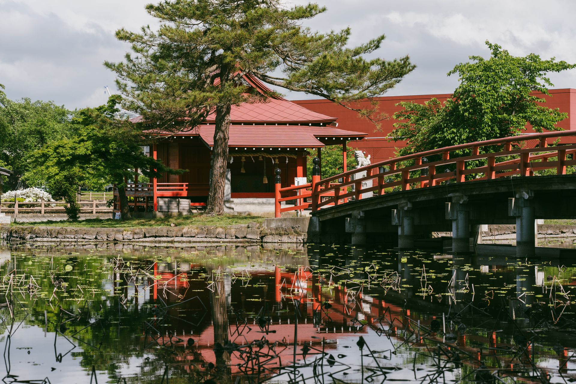 Scenic Japanese garden featuring a red bridge and traditional pavilion reflecting in a tranquil pond.
