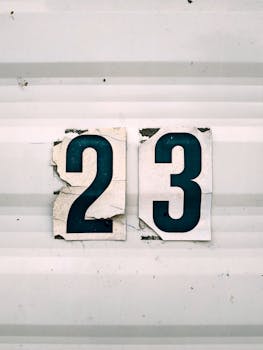 Close-up of cracked and chipped number 23 on a white corrugated surface, urban texture.