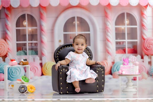 Adorable baby girl enjoying a candy-themed birthday with vibrant decorations.