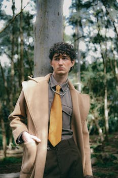 Young man in a fashionable coat stands confidently in a lush forest, exuding elegance.