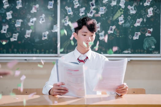 Young student reading documents in a lively classroom with confetti flying around.