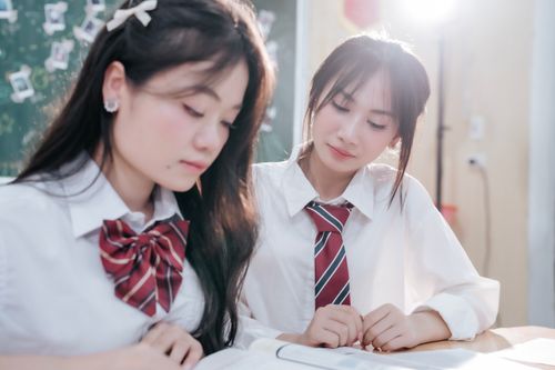 Free Two young women in school uniforms studying together in a bright classroom setting. Stock Photo