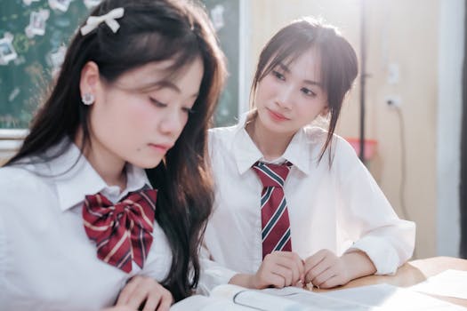 Two female students in school uniforms studying together in a classroom setting.