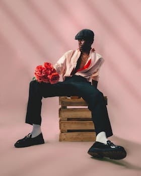 A conceptual portrait of a stylish man with roses, embodying elegance and 90s fashion vibe.