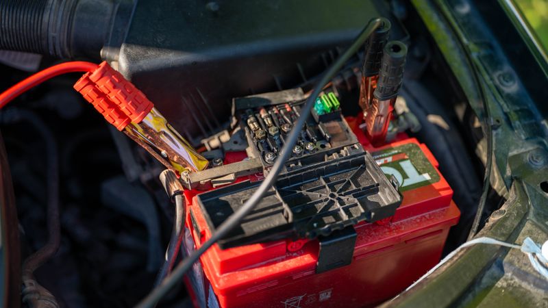 Person checking battery terminals and voltage with a multimeter in a garage
