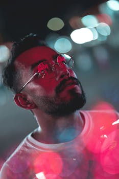 一个时髦的人在城市的夜晚戴着眼镜，背景是充满活力的红色散景灯光