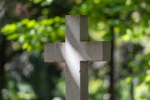 Free A serene white cross stands in a sunlit cemetery surrounded by lush greenery. Stock Photo