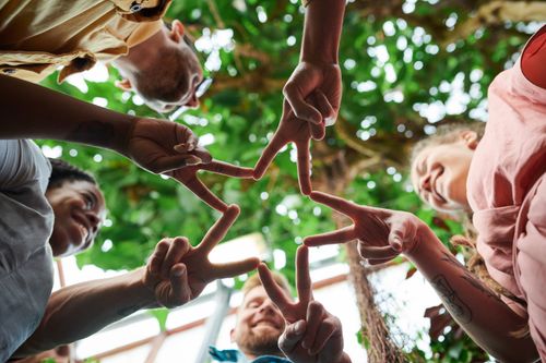 Free A group of friends creating a star shape with their fingers, symbolizing unity and friendship. Stock Photo