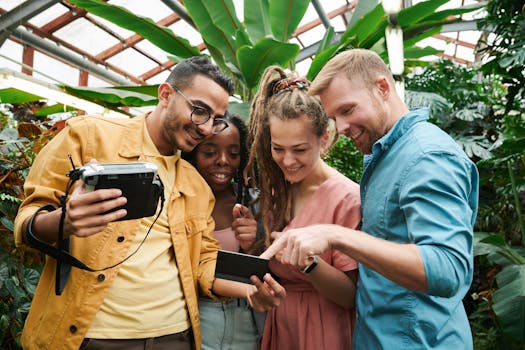 一群朋友在充满活力的温室里享受摄影的乐趣