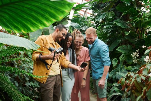 Free Friends gather in a lush greenhouse to share instant camera photos, capturing happy memories. Stock Photo