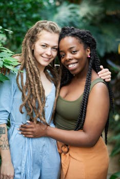 两个女人站在郁郁葱葱的绿色环境中，微笑着拥抱，散发着幸福和友谊