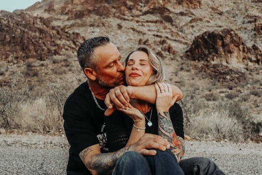 A loving couple embracing in a desert mountain setting, symbolizing romance and adventure.