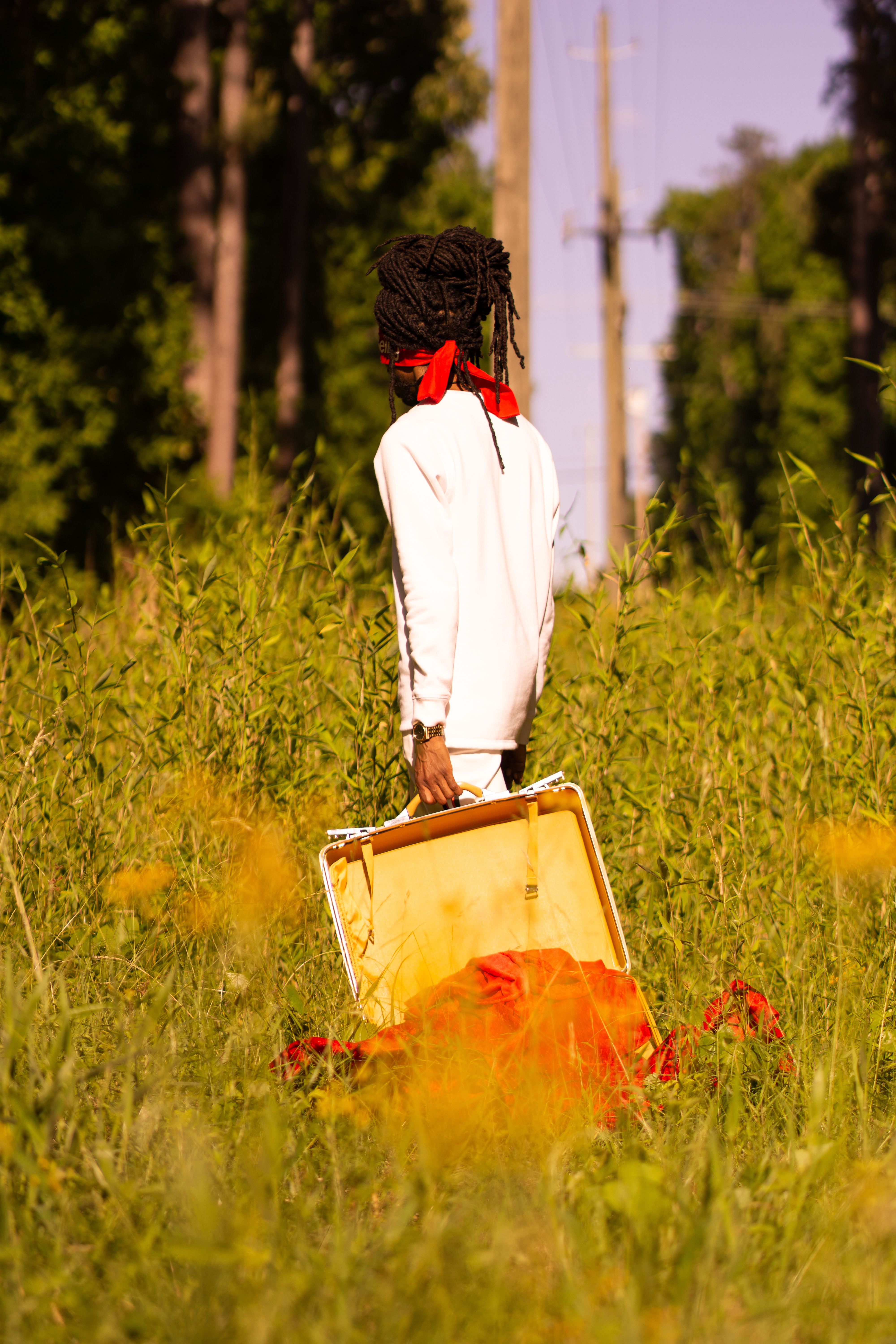 An individual holding a suitcase walks through a sunlit meadow, surrounded by green grass and yellow flowers.