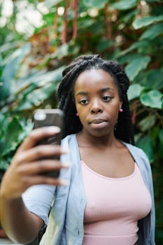 A young woman takes a selfie with a smartphone amidst lush greenery in a casual outdoor setting.