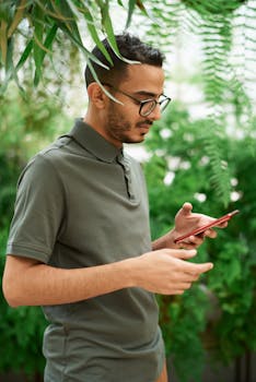 年轻人检查电话，周围郁郁葱葱的绿色植物营造出自然的氛围
