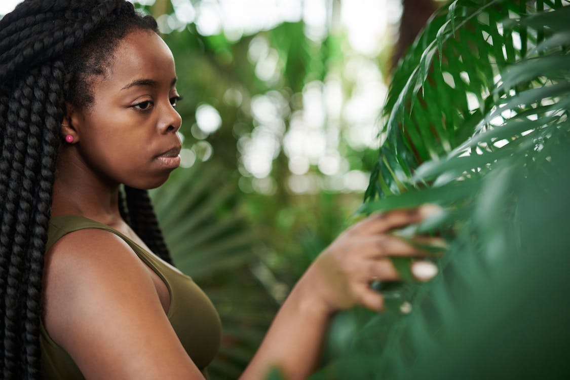 Foto De Foco Seletivo De Mulher Tocando Folhas Verdes