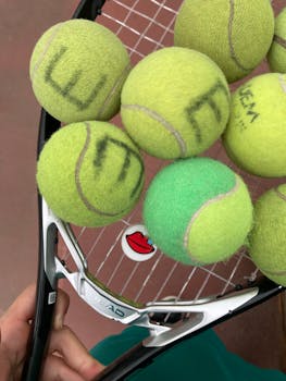 Tennis balls stacked on a tennis racket, showcasing sports equipment.