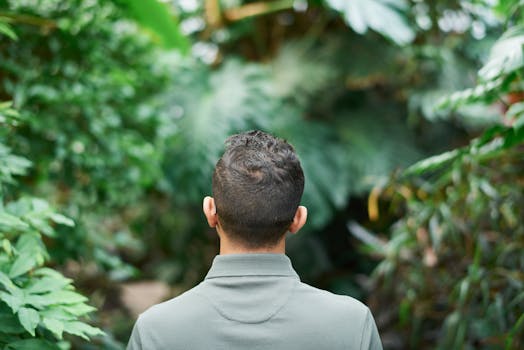 一名男子背对镜头，站在郁郁葱葱的热带植物丛中