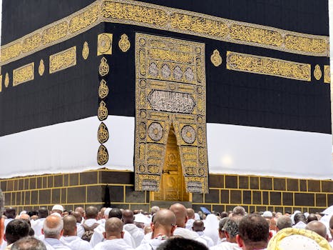 A gathering of pilgrims around the sacred Kaaba in Mecca, a significant Islamic site.