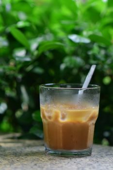 A glass of iced coffee with a spoon, set against a lush green background.
