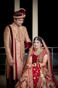 A beautiful couple in traditional Indian wedding attire posing elegantly indoors.