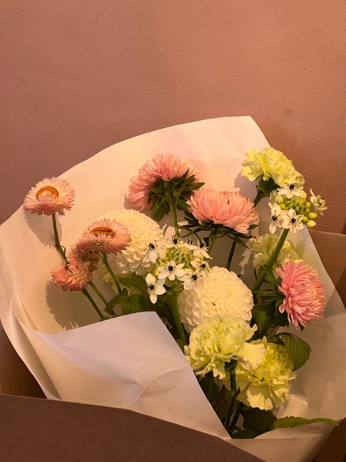 Free Beautiful bouquet featuring vibrant dahlias and chrysanthemums on a soft pink background. Stock Photo
