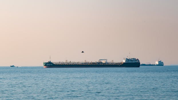 Cargo ships navigating a calm ocean under a pale sky, perfect for maritime industry use.