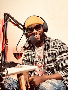 A joyful man podcasting at a desk with headphones and microphone.
