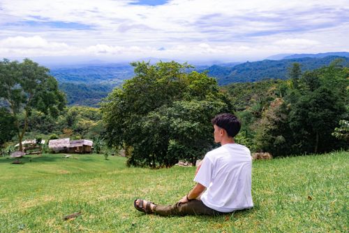 Free A man sits on a grassy hill, enjoying a panoramic view of lush forested mountains on a clear day. Stock Photo