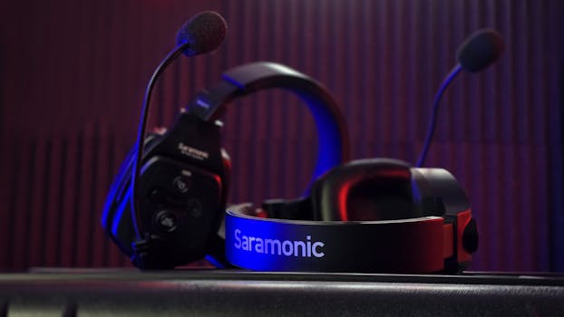 Close-up of a professional Saramonic headset with dual microphones in a studio setting.
