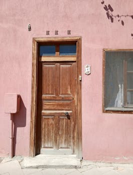 A rustic wooden door set in a pink plaster wall with a small window and street number.