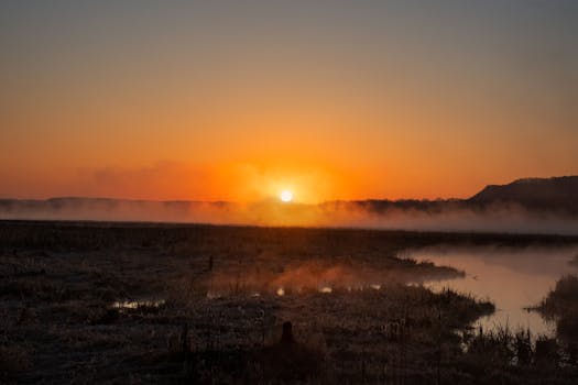 A breathtaking sunrise over misty marshlands in Weaver, Minnesota, USA, showcasing serene natural beauty.