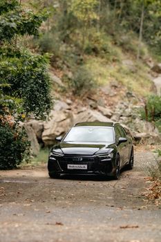 Explore the elegance of a luxury black Audi parked among lush greenery in a serene forest location.