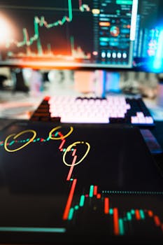 Close-up of cryptocurrency market data visualization on screens with highlighted trends and charts.