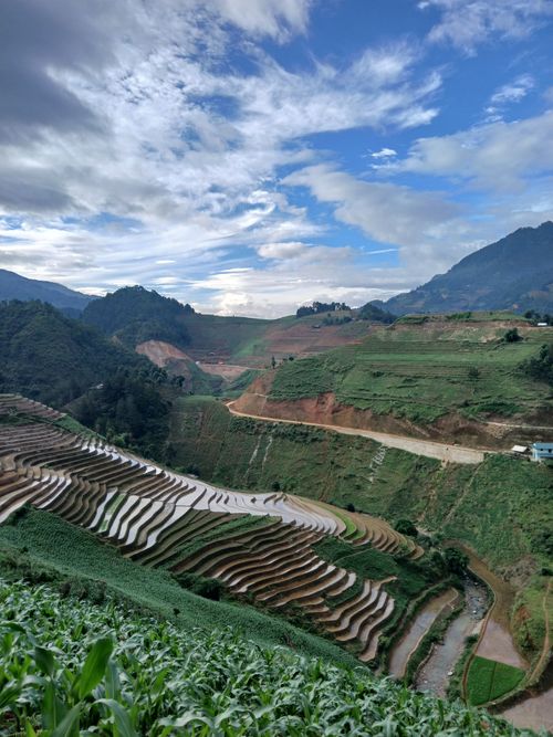 Free Breathtaking view of terraced rice fields nestled between mountains under a vibrant sky. Stock Photo