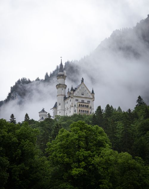 Free Majestic view of Neuschwanstein Castle surrounded by mist and lush greenery in Bavaria. Stock Photo