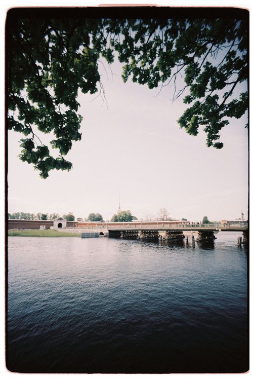 Free Tranquil river scene with bridge and leafy tree framing the view, under clear sky. Stock Photo